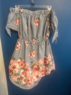 A Hint of Blush off Shoulder Blue Stripe mini dress/shirt. Size small. 4/20 item